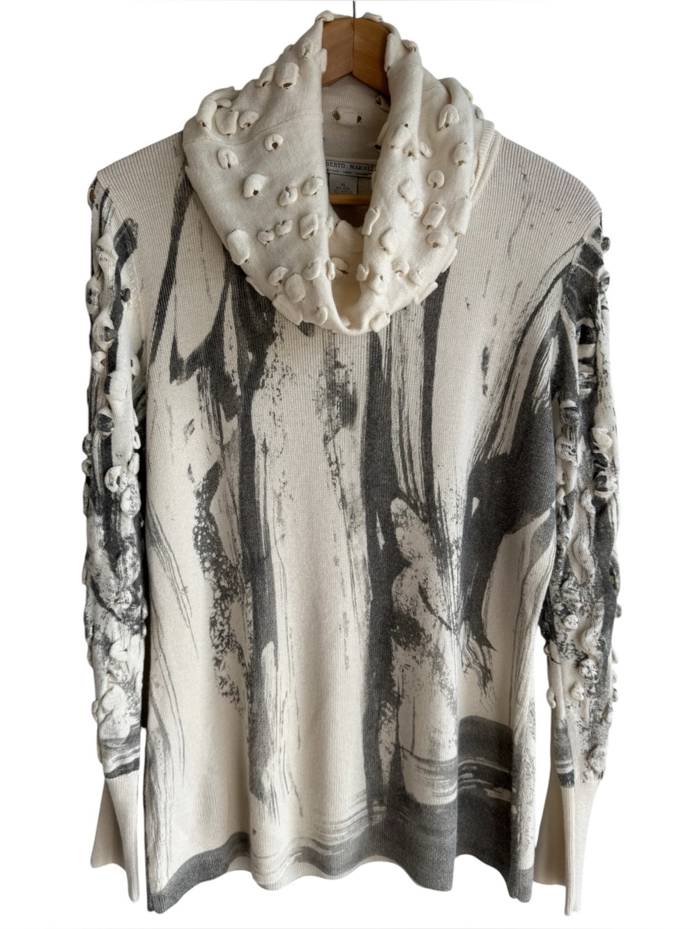 Alberto Malaki Artsy Turtleneck Sweater XL Cream Grey Wool Blend Unique Knit
